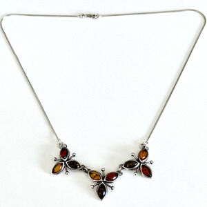 Vintage 925 Sterling Silver Natural Amber Cabochon Three Flowers Necklace 18"